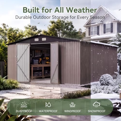 Aoxun 14x12 FT Outdoor Storage Shed with Lockable Double Doors, Brown