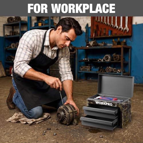 WORKPRO Metal Mini Tool Box with 2 Drawers and Top Storage