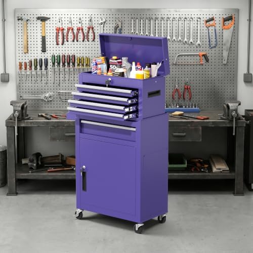 Greenvelly Tool Chest, 5-Drawer Rolling Tool Chest with Hooks and Lockable Wheels,Metal Storage Detachable Top Tool Box with Lockable Wheels for Garage,Workshop,Art Studio(Purple)