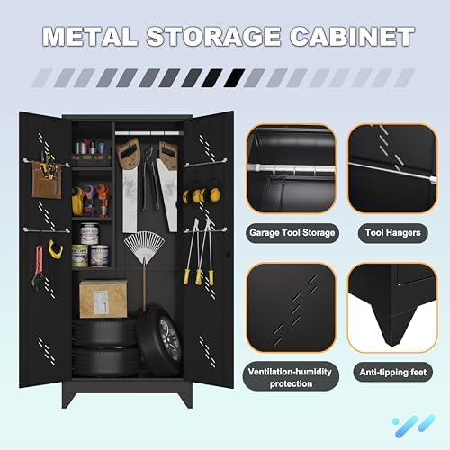 VASAAOSD Metal Garage Storage Cabinet, 75” Cleaning Tool Cabinet with Hooks and Hanging Rods, Heavy Duty Garden Tool Organizer, Broom Cabinets for Home, Garage, Laundry Room, Gym, Workshop