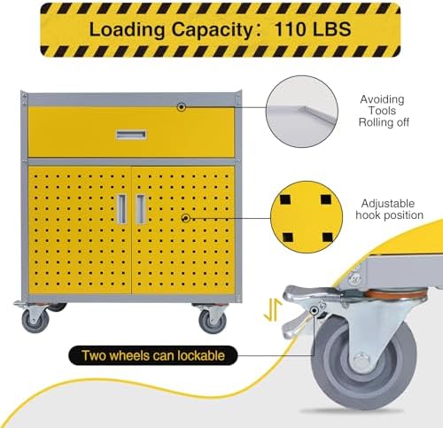 Metal Storage Cabinet with Wheels 30" x 18" x 34" Mobile Metal Garage Cabinet with 1 Drawer & 2 Doors Small Rolling Tool Storage Cabinet with 1 Adjustable Shelf & 4 Hanging Hooks, Yellow & Gray