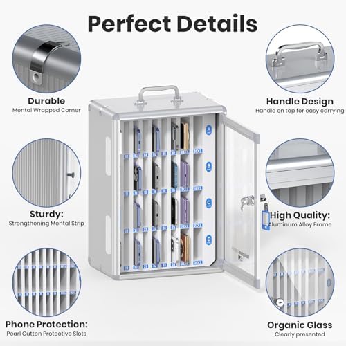 36 Slots Cell Phone Locker for Classroom, Portable Mobile Phone Storage Box with 【2 Different Size Slots】, Phone Lock Box Wall Mounted (Silver)