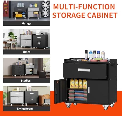 Washsemba Metal Garage Storage Cabinet with Wheels,Lockable Rolling Tool Chest on Wheels,with a Drawer, Utility Cabinet for Home, Office, Garage and Workshop(Black-2)