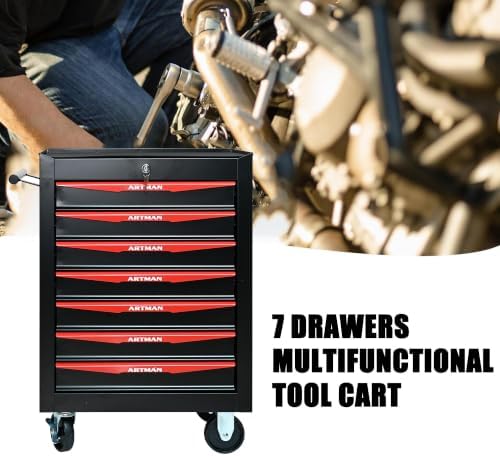 Heavy Duty 7-Drawer Rolling Tool Chest, Key Lock Tool Storage Cabinet with Lockable Casters & Drawer Liners, Mobile Tool Organizer Cart for Garage Workshop Warehouse Repair Shop (Black)