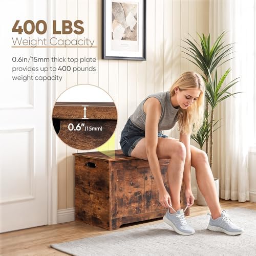 SUPER DEAL Storage Chest, 30 inches Chest Box Organizer with 2 Safety Hinges, Wooden Entryway Storage Bench, Rustic Brown