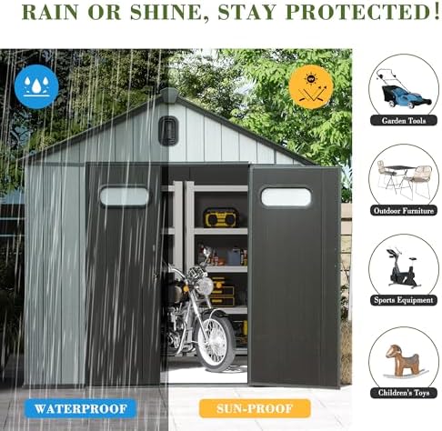 Domi 8x10FT Outdoor Resin Storage Shed with Transparent Windows & Louvered Vents, Plastic Tool Shed with Double Lockable Doors & Gable Roof, Outside Garden Shed for Backyard, Patio, Lawn, Grey
