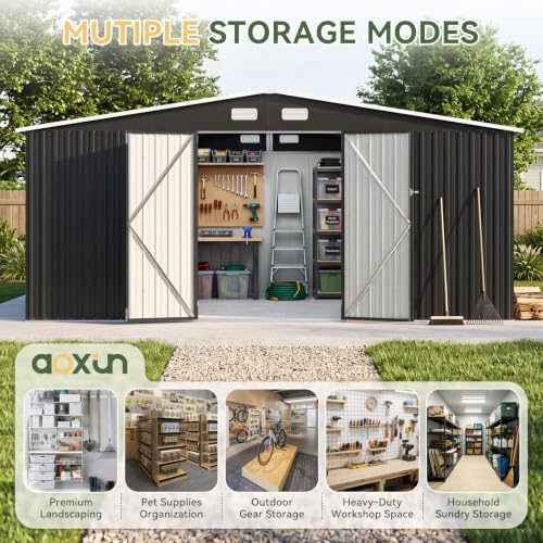 Aoxun 14x12 FT Outdoor Metal Storage Shed with Lockable Doors, Black