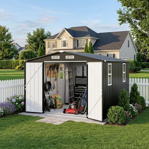 LAUSAINT HOME 10 x 10 FT Outdoor Storage Shed with Windows, Heavy Duty Galvanized Steel Storage Shed with Double Lockable Doors, Gable Roof & Air Vent for Backyard & Patio, Black