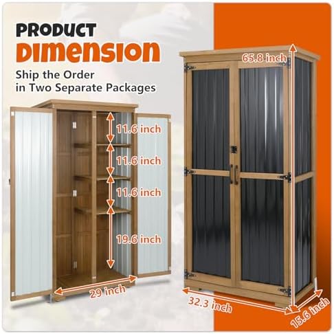 Outdoor Storage Cabinet with Shelves, Wood & Metal Storage Shed with Weatherproof Roof, Lockable Doors, Adjustable Feet, Outside Storage Cabinet for Garage, Patio (15.6" D x 32.3" W x 65.8" H)