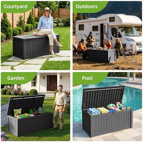 150 Gallon Outdoor Storage Deck Box Waterproof Resin Lockable Outside Bench Porch Patio Furniture Pool Float Garden Tool Cushion UV Resistant Bin Black