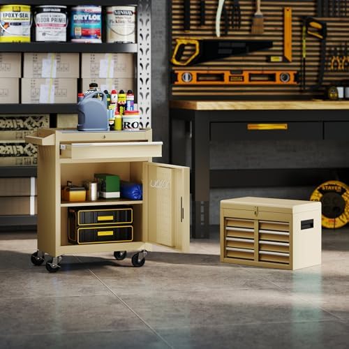 Goplus Tool Chest, 5 Drawers Rolling Tool Cabinet with Detachable Top Toolbox, Universal Lockable Wheels, Lock Bar, Protective Liner & Tool Rack, Metal Tool Storage Cart, Tool Box for Garage Workshop