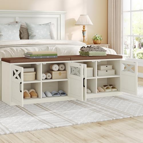 Hzuaneri 59" Shoe Storage Bench with 4 Barn Doors & Padded Seat Cushion