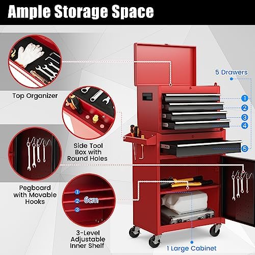 TANGZON Rolling Tool Chest Combo, Heavy Duty Lockable Tool Cabinet with Wheels, 5 Drawers, Adjustable Shelf, Hooks & Side Handle, 2-In-1 Detachable Tool Cart Trolley for Workshop Garage (Black+Red)