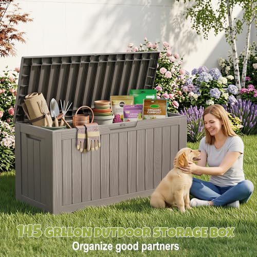 145 Gallon Outdoor Storage Box Waterproof Deck Box with Wheels, Grey