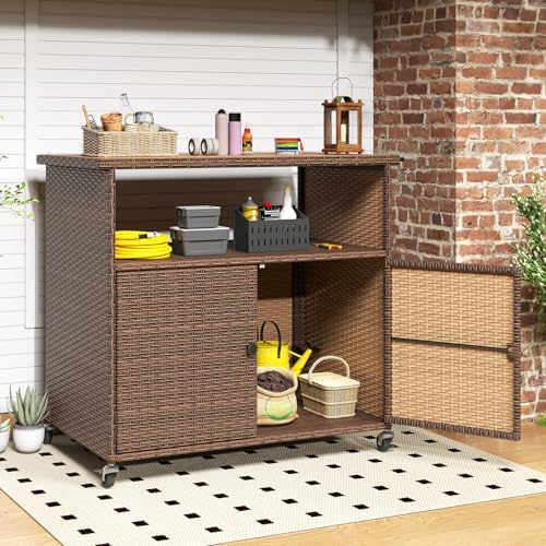 Tangkula Rattan Outdoor Storage Cabinet with 4 Wheels (Mix Gray)