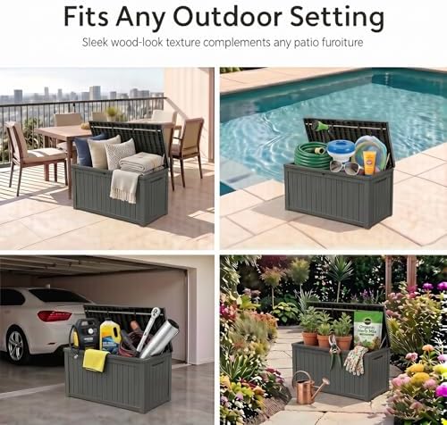 199 Gallon Large Resin Outdoor Storage Box, Waterproof Deck Box with Lockable Lid, Outside Storage Box for Patio Furniture, Pool Accessories, Garden Tools, Storage Bench for Backyard, Porch, Black