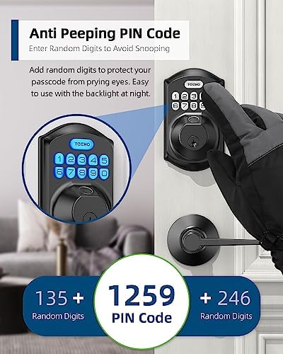 TEEHO TE002L Fingerprint Door Lock with 2 Lever Handles, Keyless Entry Deadbolt with Handle Set, Electronic Keypad Deadbolt for Front Door, Auto Lock and 1 Touch Locking, Matte Black