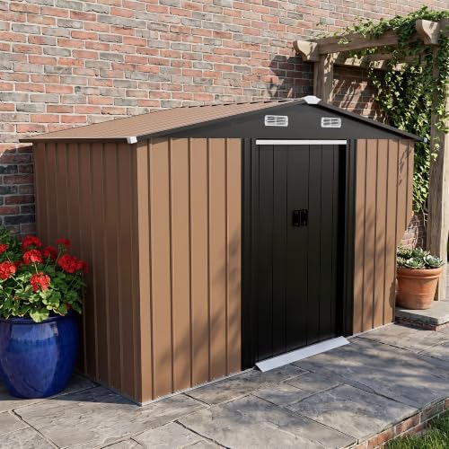 LAUSAINT HOME 10 x 4.5 FT Outdoor Storage Shed, Galvanized Steel Storage Shed with Double Sliding Doors, Gable Roof & Air Vent for Backyard, Brown