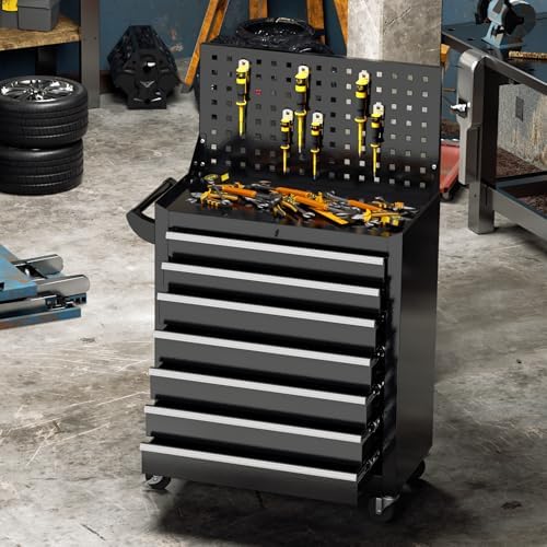 Greenvelly 7-Drawer Rolling Tool Chest with Pegboard, Pre-Assembled Metal Tool Box with Drawers, Tool Storage Cabinet with Wheels for Garage, Workshop, Repair Room (Black)