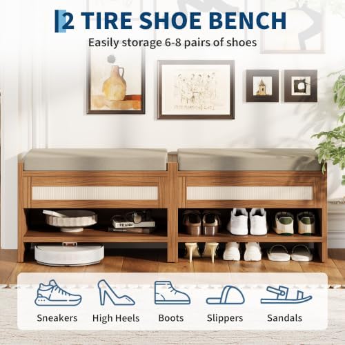Garvee 31" L Farmhouse Shoe Bench with Storage Drawer & Linen Cushion