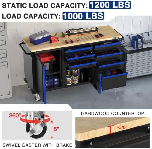 WORKPRO 62" x 20" Rolling Tool Chest, 7-Drawer & 2-Door, Blue & Black