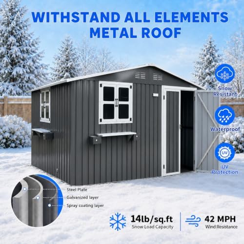 10x8 FT Outdoor Storage Shed with 2 Clear Windows, Metal Garden Shed with Flower Racks & Baskets, Outside Tool Shed with Lockable Double Doors, Waterproof Storage Building for Backyard, Coal Gray