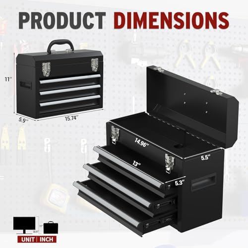 3 Drawers small Tool Box, Portable 3 Drawer Steel Tool Box with Locking System toolbox organization with Liner for Tools Storage (Black)