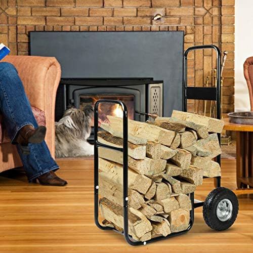 Goplus Firewood Log Rack Indoor Outdoor Fireplace Storage Holder Logs Heavy Duty Steel Wood Stacking Holder Kindling Wood Stove Accessories Tools Accessories (w/ 2 Wheels)