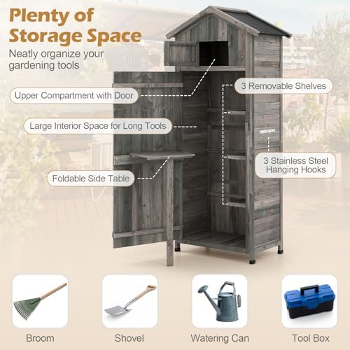 IRONMAX Outdoor Wooden Storage Shed with Folding Table, Grey, 30“x20”x70”