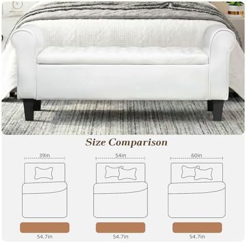 ECOTOUGE 55" Storage Ottoman Bench for Living Room, End of Bed Bench with Rolled Arm Leather Ottoman with Storage Upholstered Entryway Bench Retro Style Footboard Bench for Bedroom, Cream White