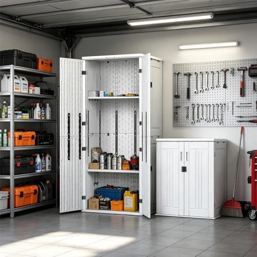 ZYJOYY Outdoor Storage Cabinet with 4 Shelves, 31.5" x 23.23" x 66.22" White Waterproof Resin Vertical Tool Shed, Lockable 30 cu.ft. Storage Shed for Patio, Garden, Yard