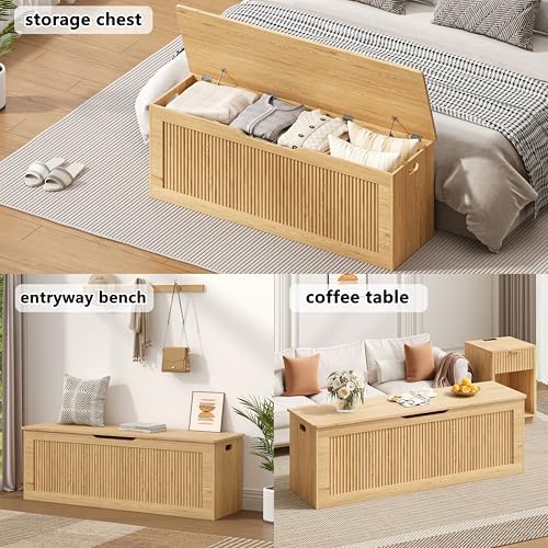 Akxomel 51.2" Fluted Storage Chest Wooden Storage Trunk 2 Safety Hinges Oak