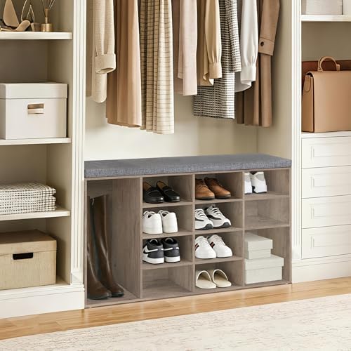 DINZI LVJ Shoe Storage Bench with Cushion, 16-Cubby Shoe Rack with Seat