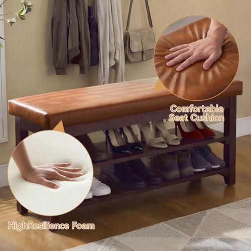 40"Wooden Shoe Rack with Seat, Entryway Bench with Shoe Storage Light Brown