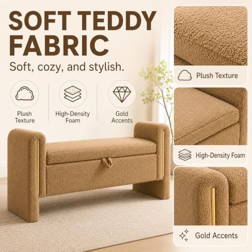 52" Upholstered Storage Bench, Brown, Armrests, Wood Frame