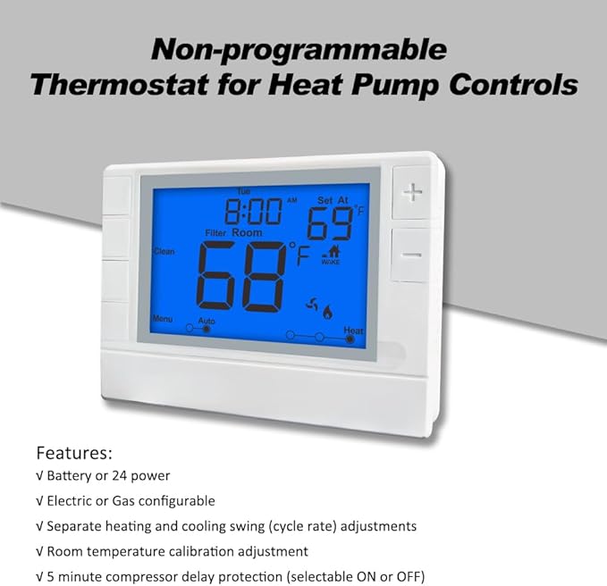 Thermostat for Home, Premium Heat Pump Room Temperature Controller,