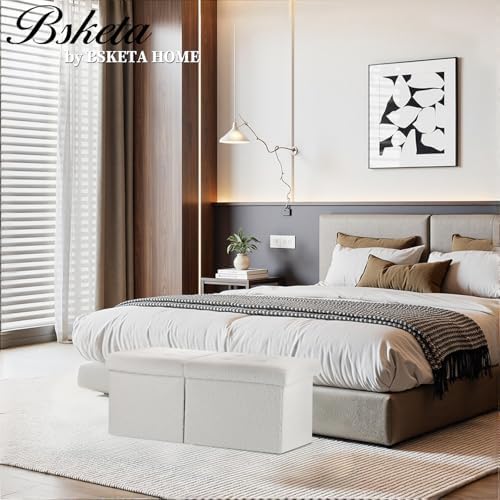 Bsketa Storage Ottoman Bench, 34" Folding Velvet Foot Rest Stool, White