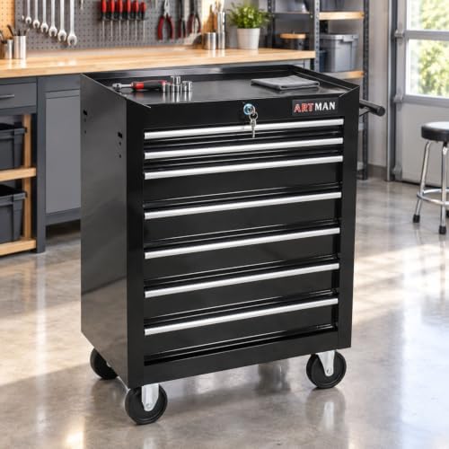 7 Drawers Rolling Tool Cart on Wheels, Multifunctional Organizer Tool Chest Tool Case, Trolley Tool Storage Tool Box for Workshop,Garage,Repair Shop (7 Drawers 24.2" W×12.9" D×30.51" H-Black)