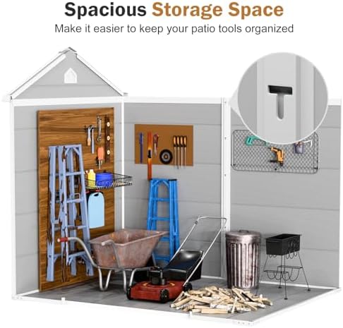 Outdoor Resin Storage Shed 8x6x7 FT with Floor 2 Windows, Reinforced Frame Large Waterproof Plastic Garden Sheds Kit with Base for Backyard Patio Lawn Tools Storage, Gray