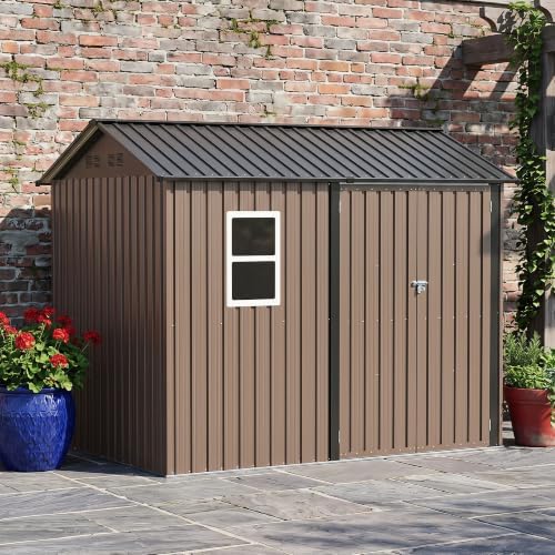LAUSAINT HOME 8 x 6 FT Outdoor Storage Shed with Window, Galvanized Steel Storage Shed, Double Lockable Doors, Gable Roof & Air Vent for Backyard, Brown