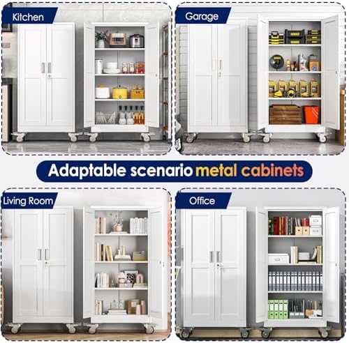 erosoei 61" H Metal Garage Storage Cabinet, Rolling Tool Cabinet with 2 Doors and Wheels, Locker Steel Cabinet with 3 Adjustable Shelves, Organization Cabinet for Garage,Office,Home,Gym,School（White）