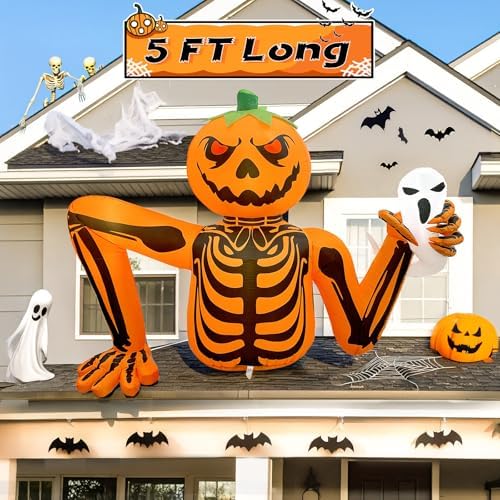 Halloween Inflatable Pumpkin Skeleton, 5FT Outdoor Halloween Decorations