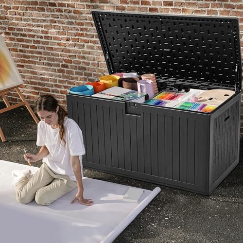 DWVO 260 Gallon Resin Outdoor Storage Box, XXL Double-Wall Waterproof Deck Box with Divider, Doubles as Table or Seating with 1000 lbs Capacity, Lockable (Black)
