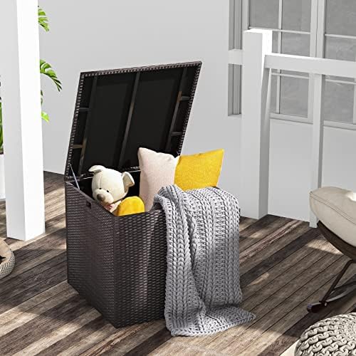 HAPPYGRILL Outdoor Storage Deck Box, 72 Gallon Square Wicker Patio Rattan Storage Container with Zippered Liner & Safe Pneumatic Rod, Outdoor Wicker Deck Box for Garden Tools Cushions
