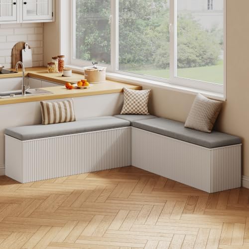 Breakfast Nook Bench, L Shaped Storage Bench with Cushion, White