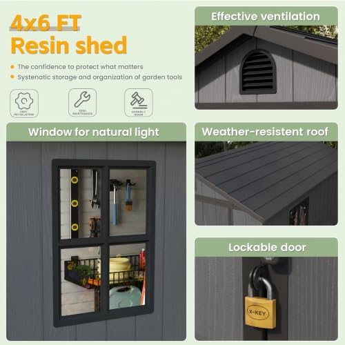 Patiowell 4x6 FT Resin Storage Shed with Floor, Dark Gray