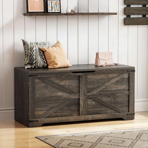 DWVO Wooden Storage Bench, Farmhouse Storage Chest, 39.4"L, Dark Rustic Oak