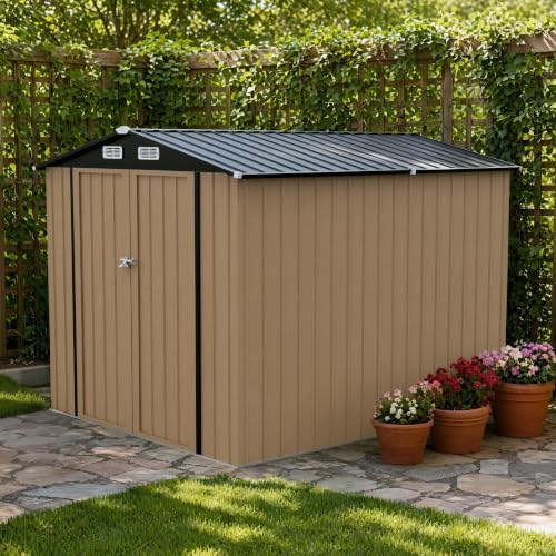 LAUSAINT HOME 8 x 10 FT Outdoor Storage Shed, Heavy Duty Galvanized Steel Storage Shed with Double Lockable Doors, Gable Roof & Air Vent for Backyard & Patio, Brown