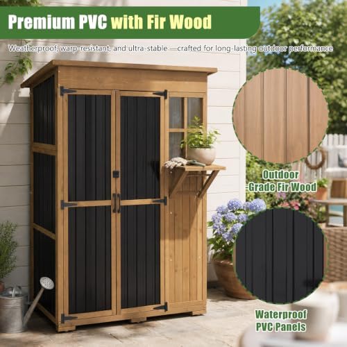 Outdoor Storage Cabinet, 51.4" W x 22.5" D x 70.5" H Tall Wood & Metal Garden Tool Shed with Fold-Out Table, 3 Fixed Shelves, Lockable Doors, Asphalt Roof for Patio, Backyard, Garage