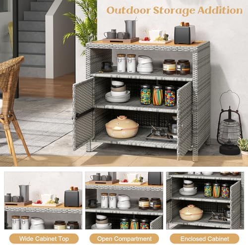 Rattan Storage Cabinet, Outdoor & Indoor Sideboards with Acacia Wood Countertop & Open Compartment, Wicker Patio Buffet Storage Bar Table for Garden Kitchen Poolside Backyard (Grey)